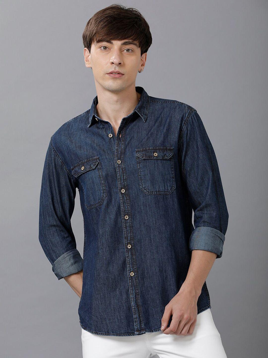 yovish men dark blue solid smart slim fit denim casual shirt