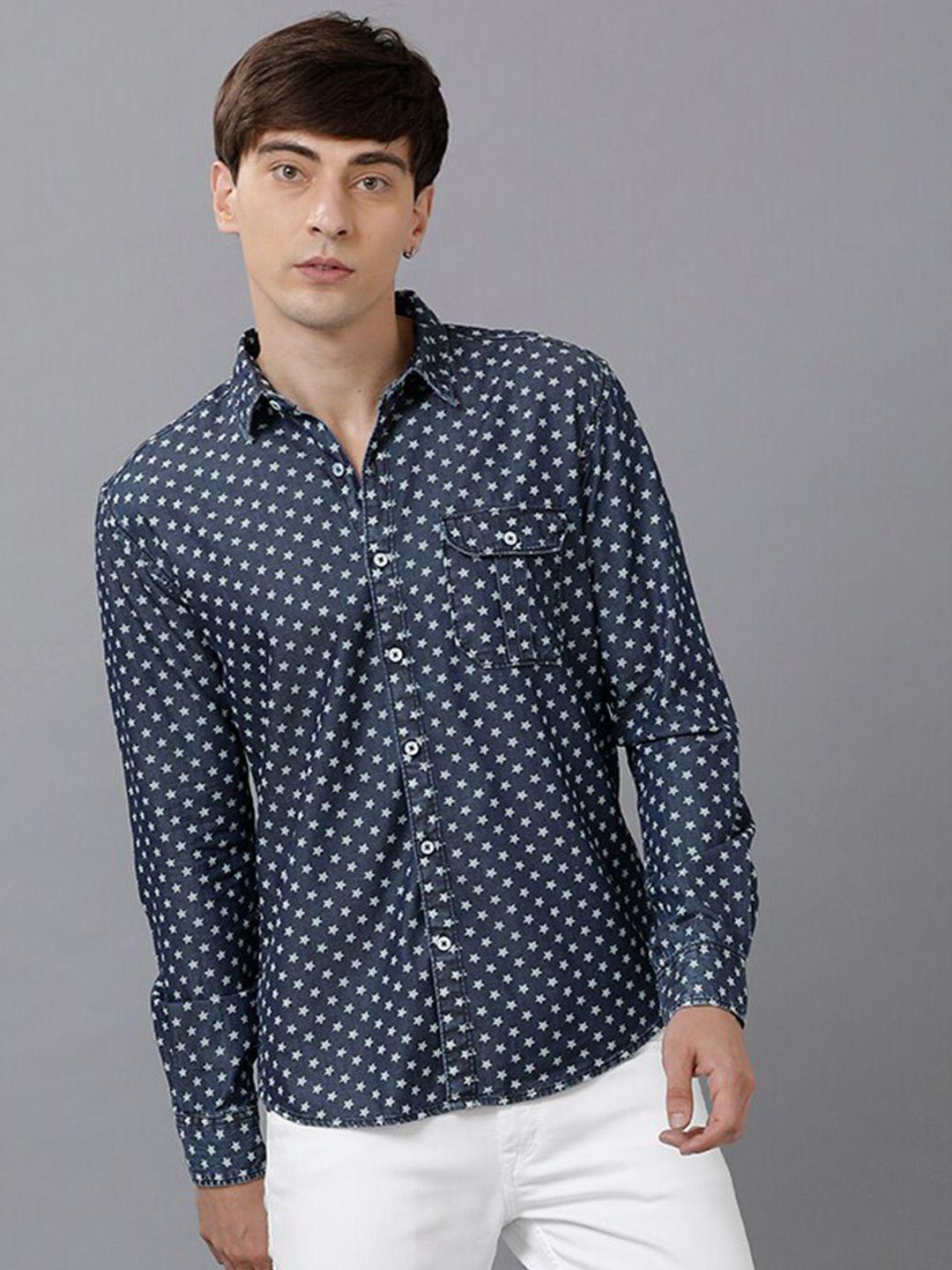 yovish men navy blue smart slim fit printed casual shirt