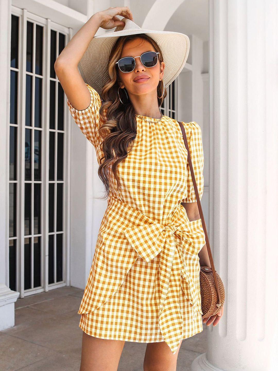 stylecast yellow checked tie-up a-line dress