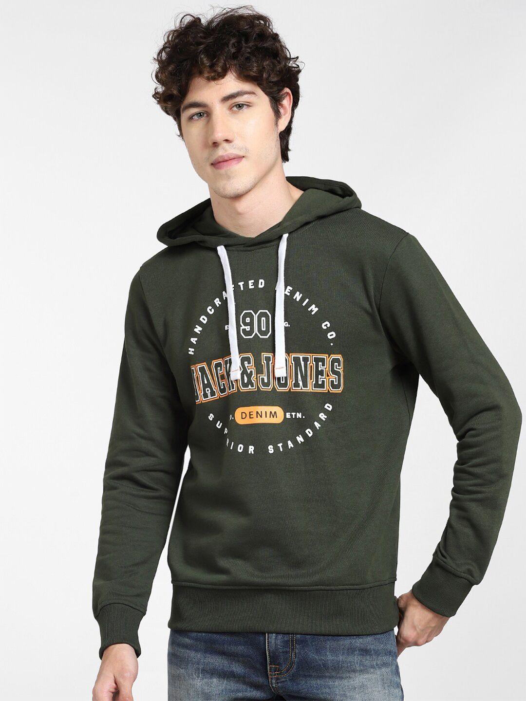 jack & jones men green printed hooded sweatshirt