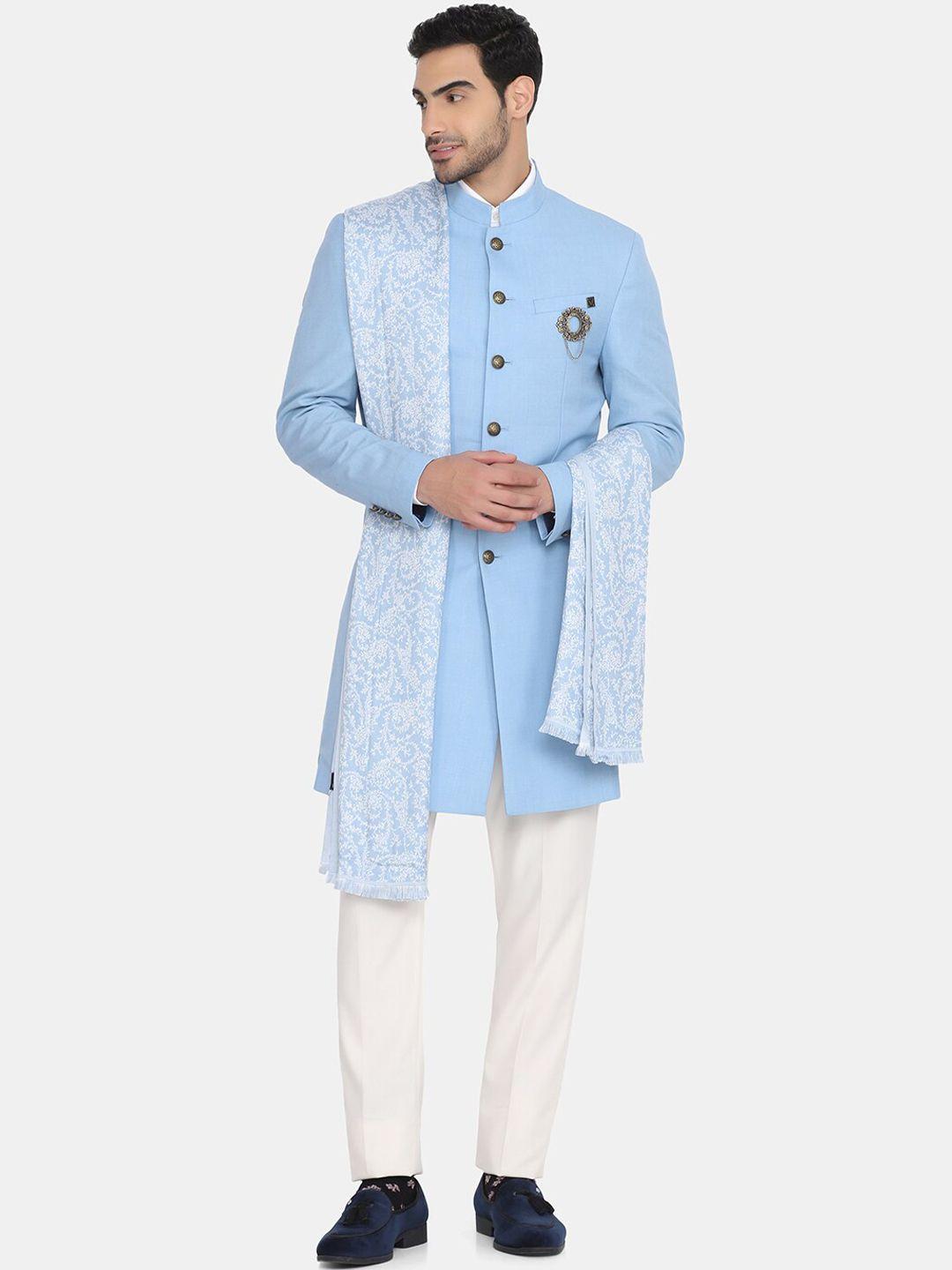 blackberrys men blue & white solid slim-fit bandhgala two-piece suit