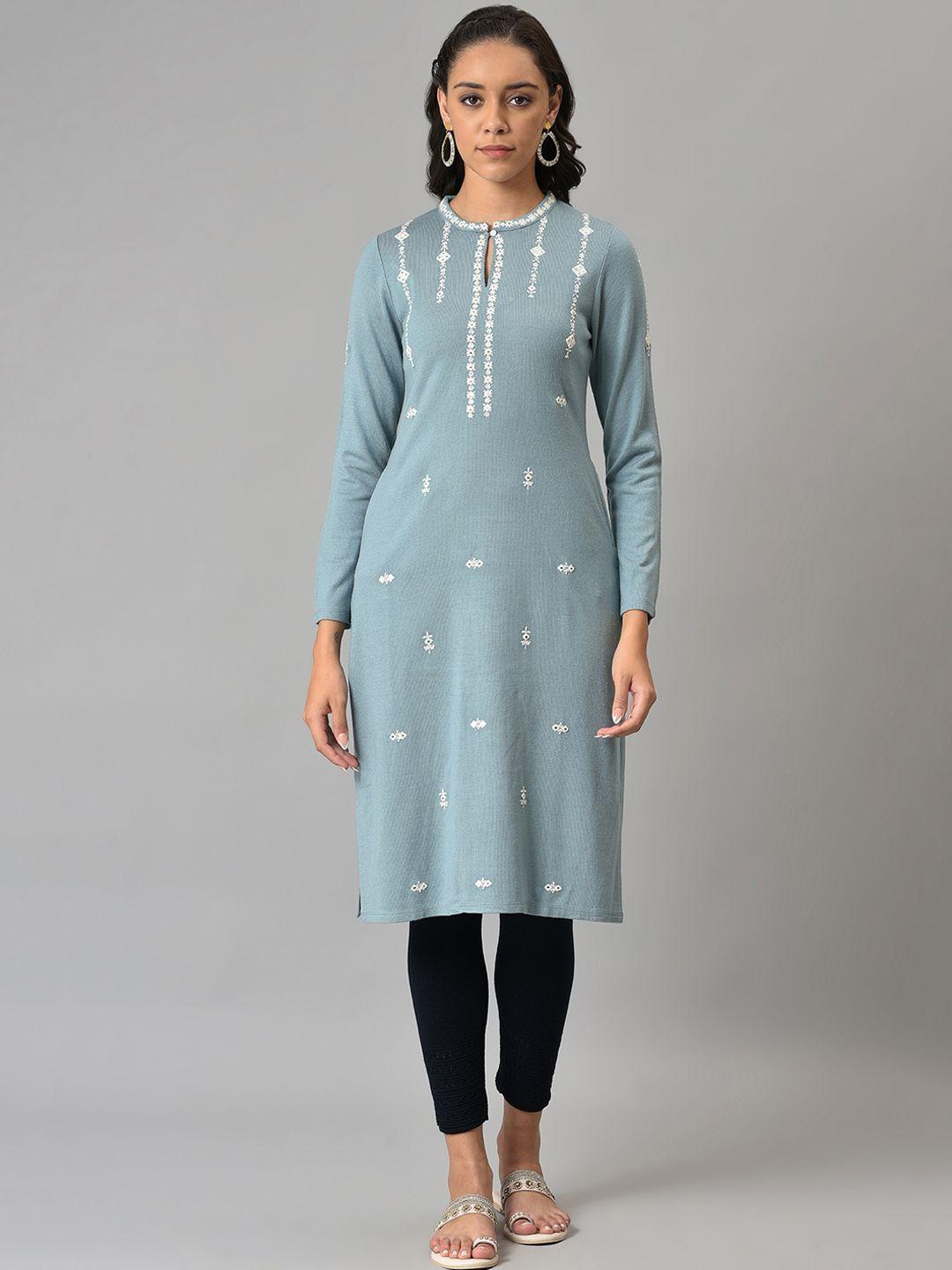 w women blue embroidered keyhole neck regular sleeves kurta