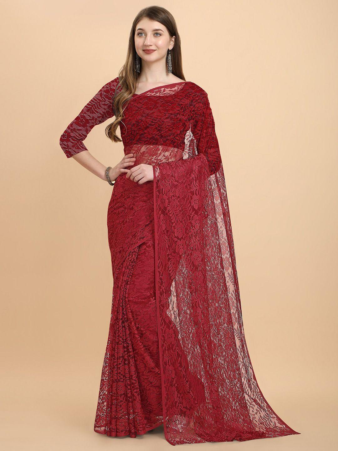 orus maroon floral net party wear saree