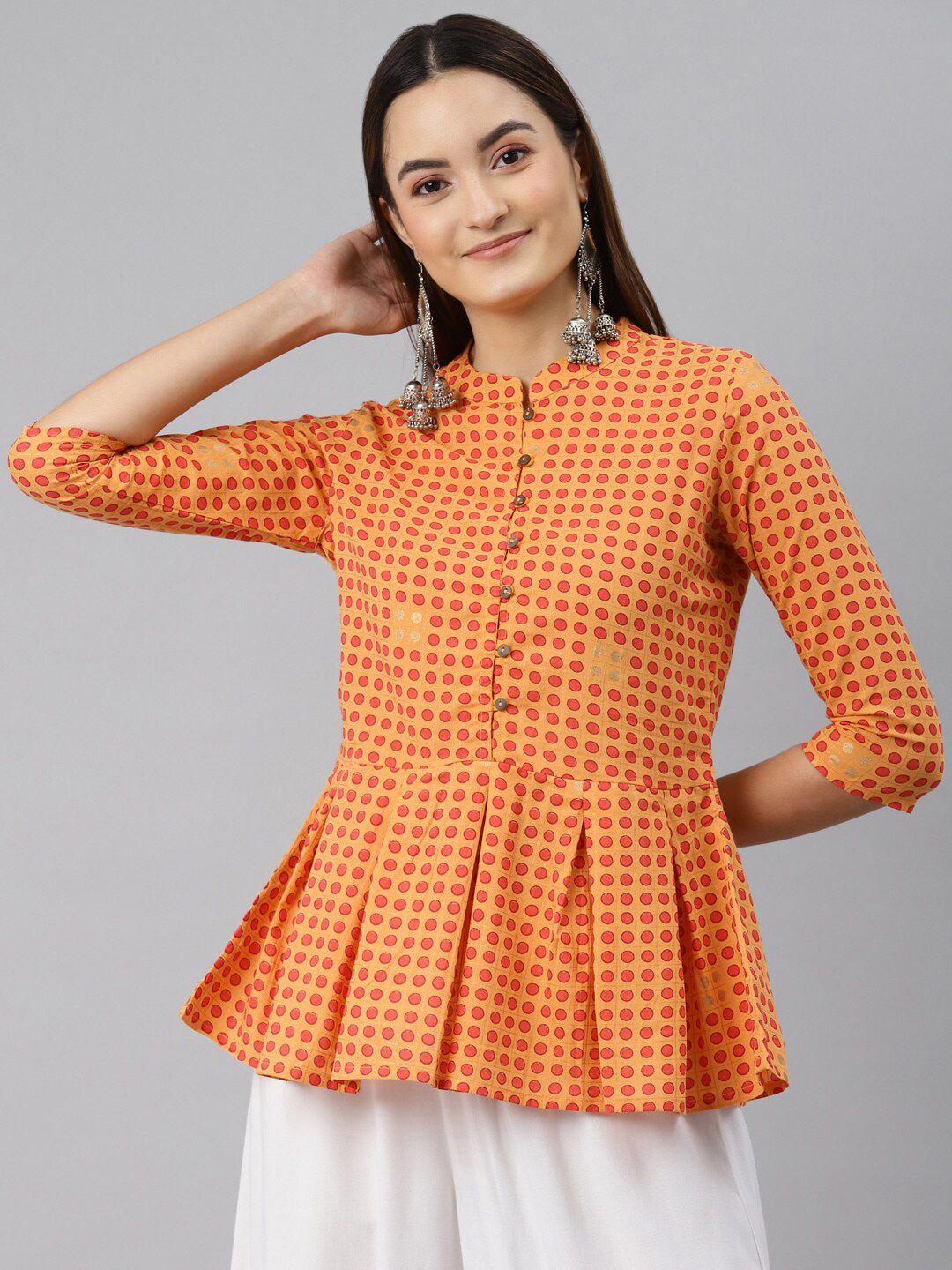 here&now orange printed pure cotton empire kurti