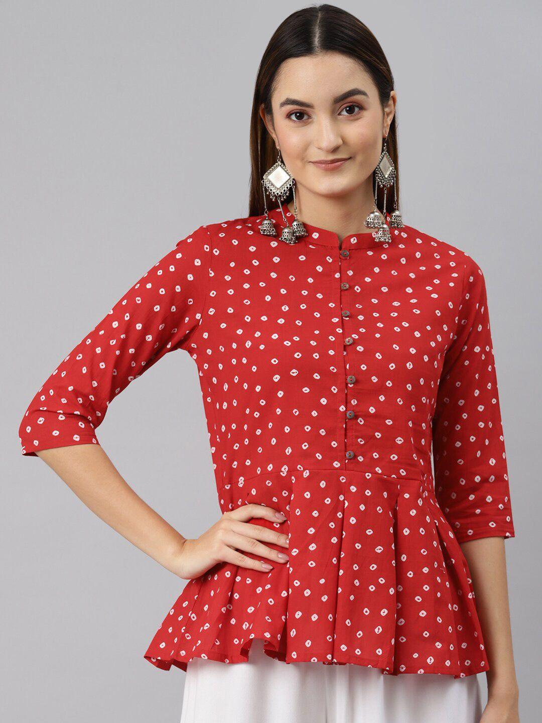 here&now red geometric printed pure cotton empire kurti