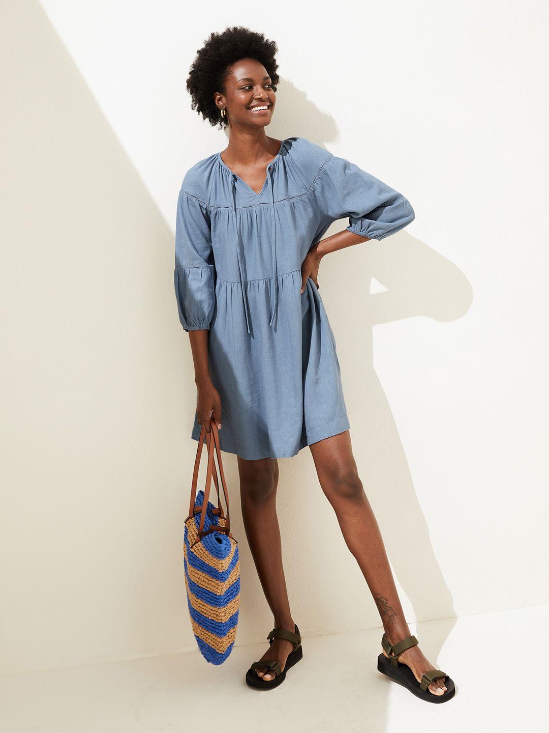 marks & spencer blue tie-up neck linen maxi dress