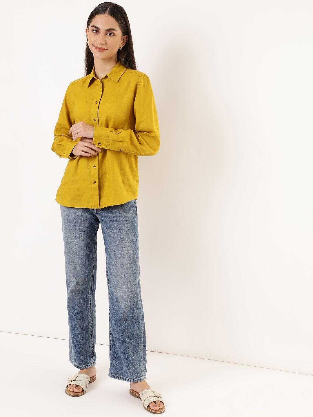 marks & spencer women yellow regular fit linen casual shirt