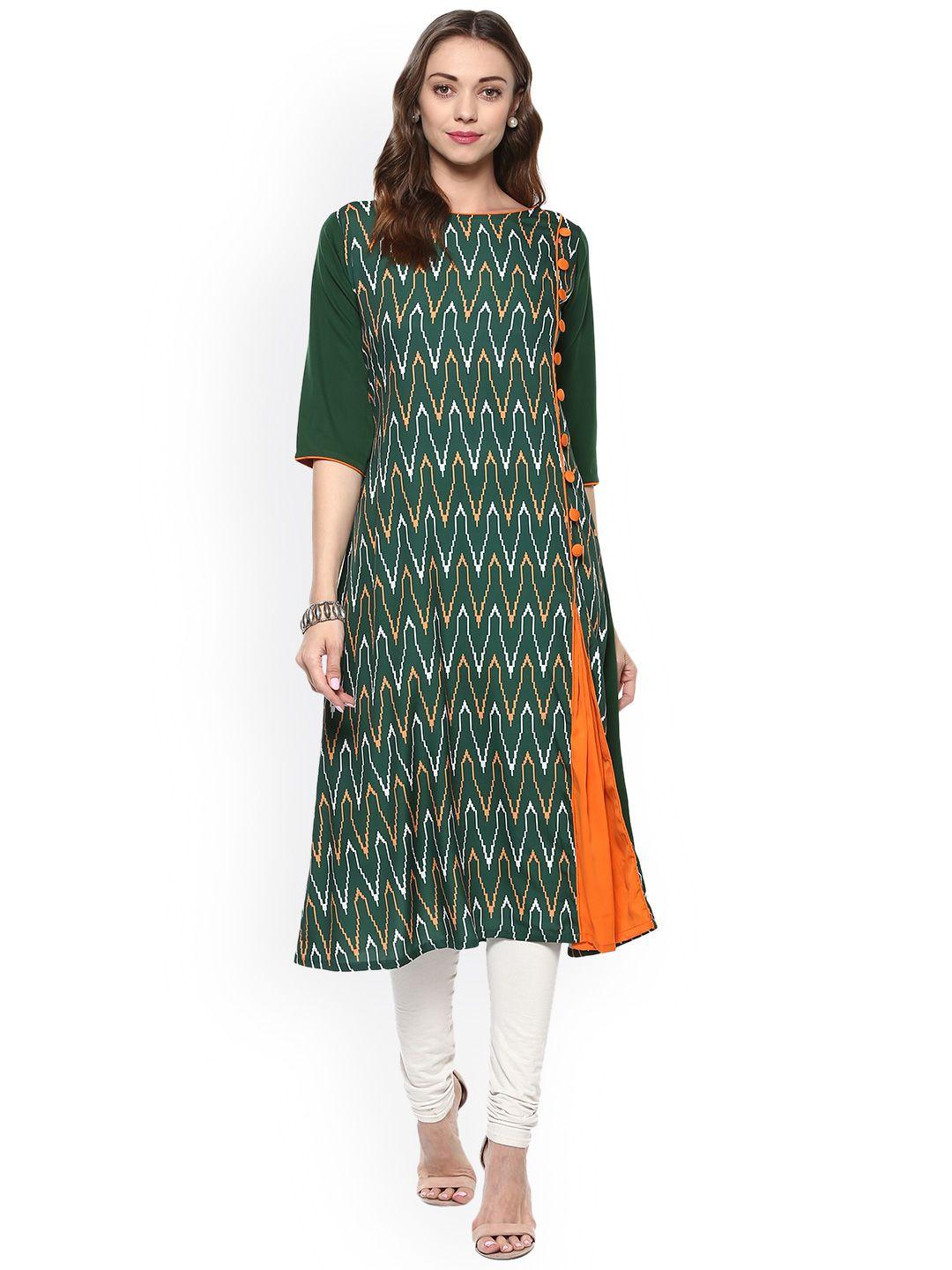 janasya women green printed a-line kurta