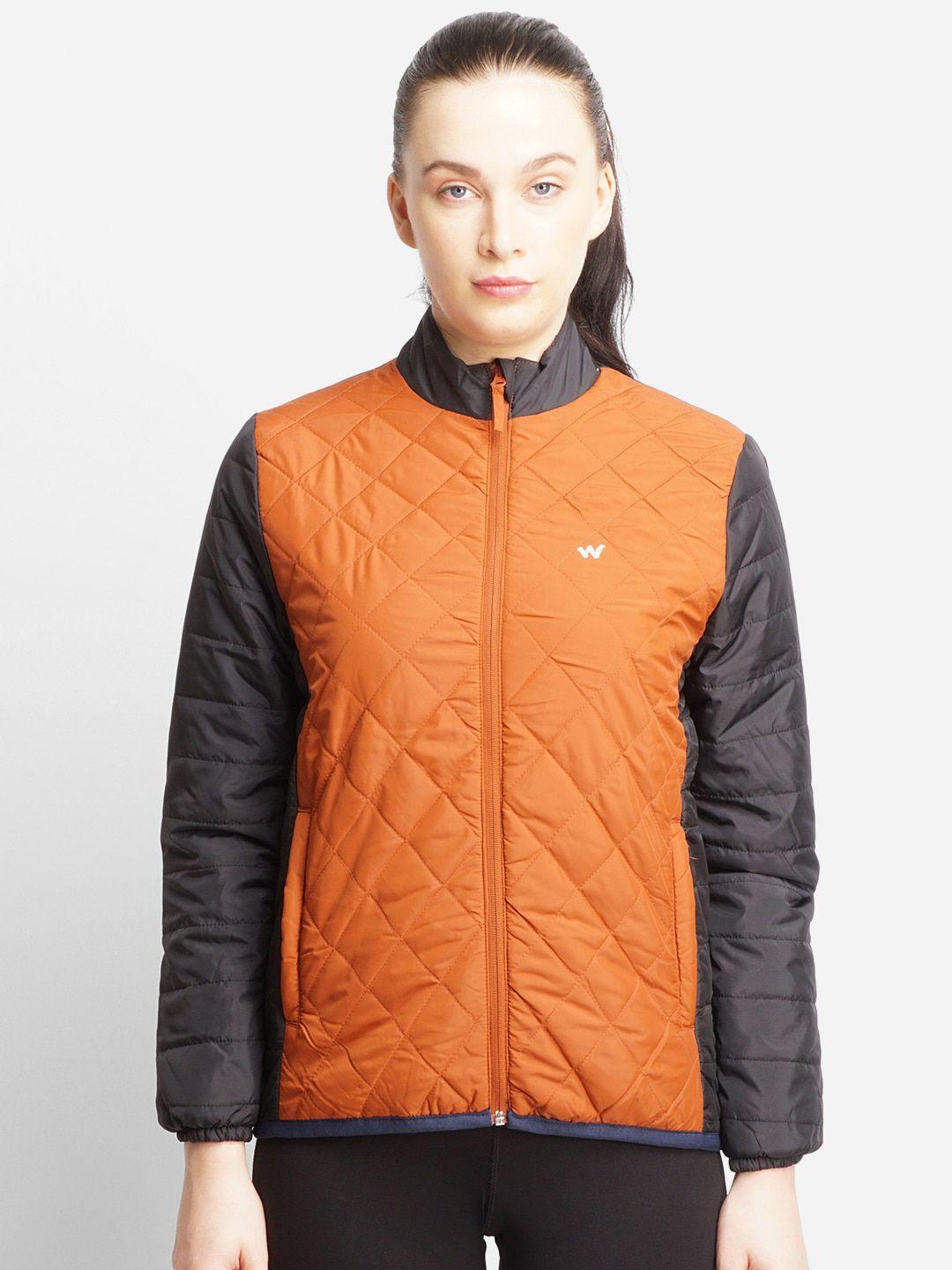 wildcraft women black orange colourblocked windcheater quilted jacket