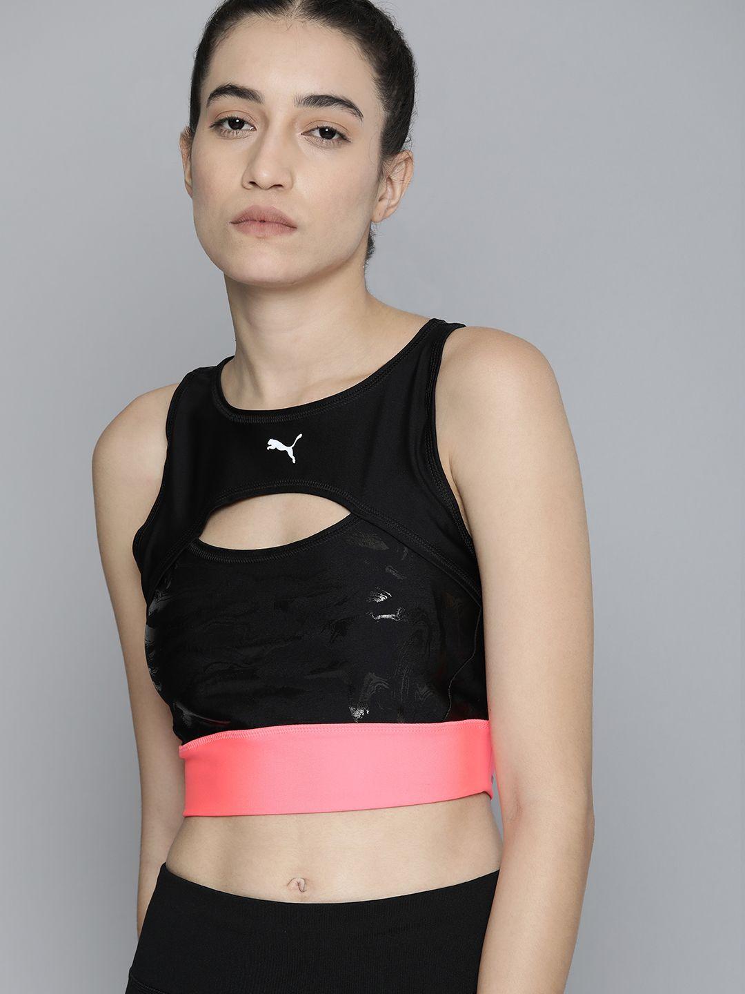 puma women black abstract print cut-out racerback ultraform aop crop running tank top