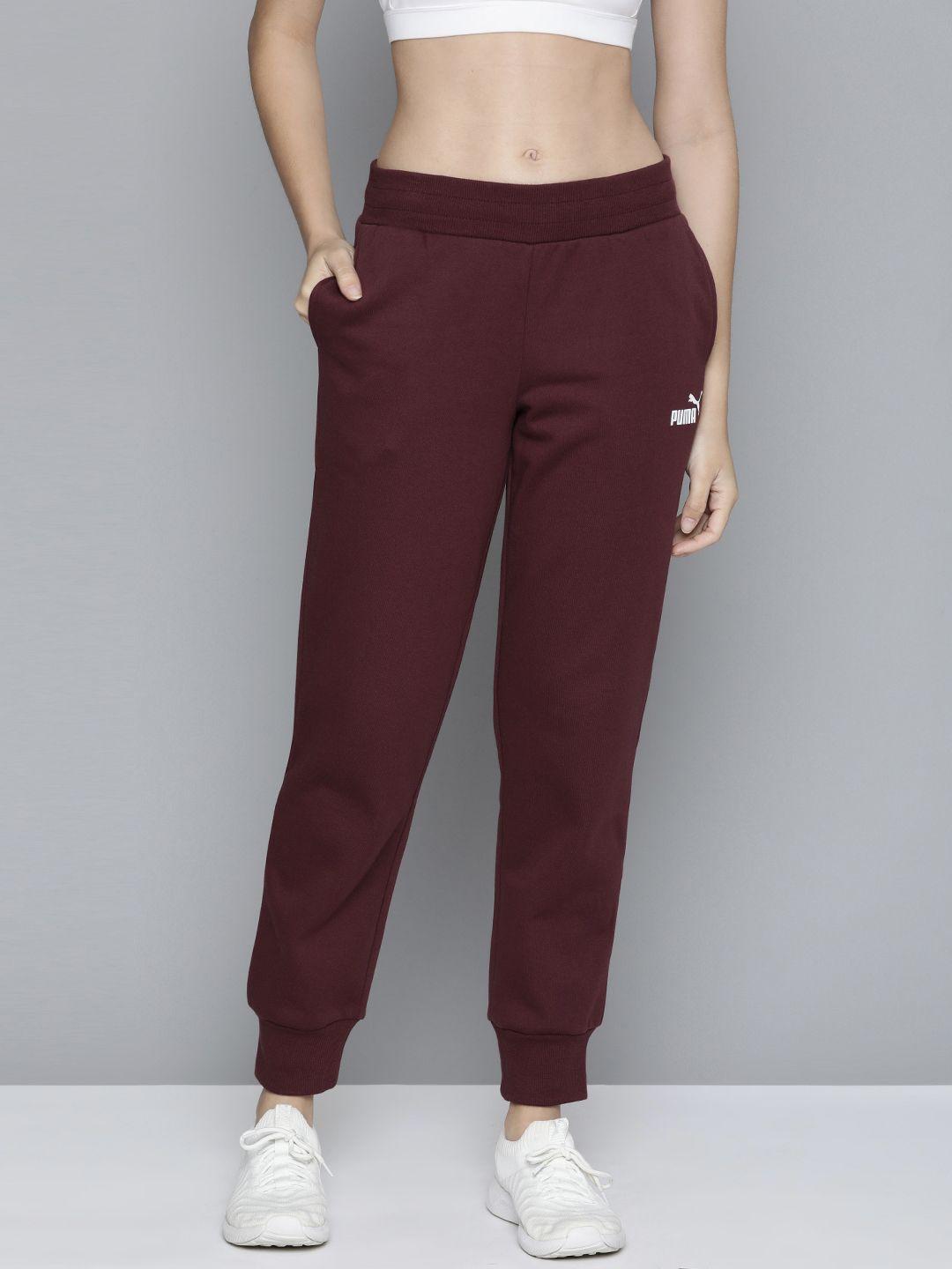 puma women maroon solid regular fit essentials joggers