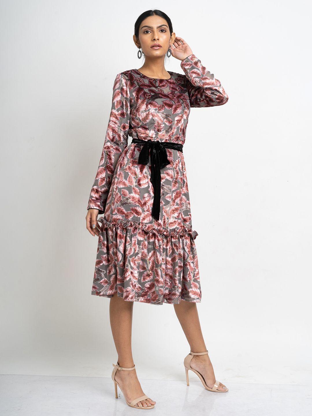 hencemade grey & brown floral velvet a-line midi dress