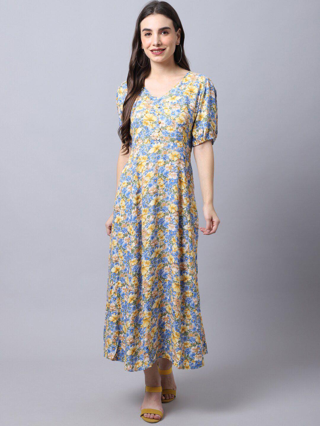 cantabil yellow & blue floral maxi dress