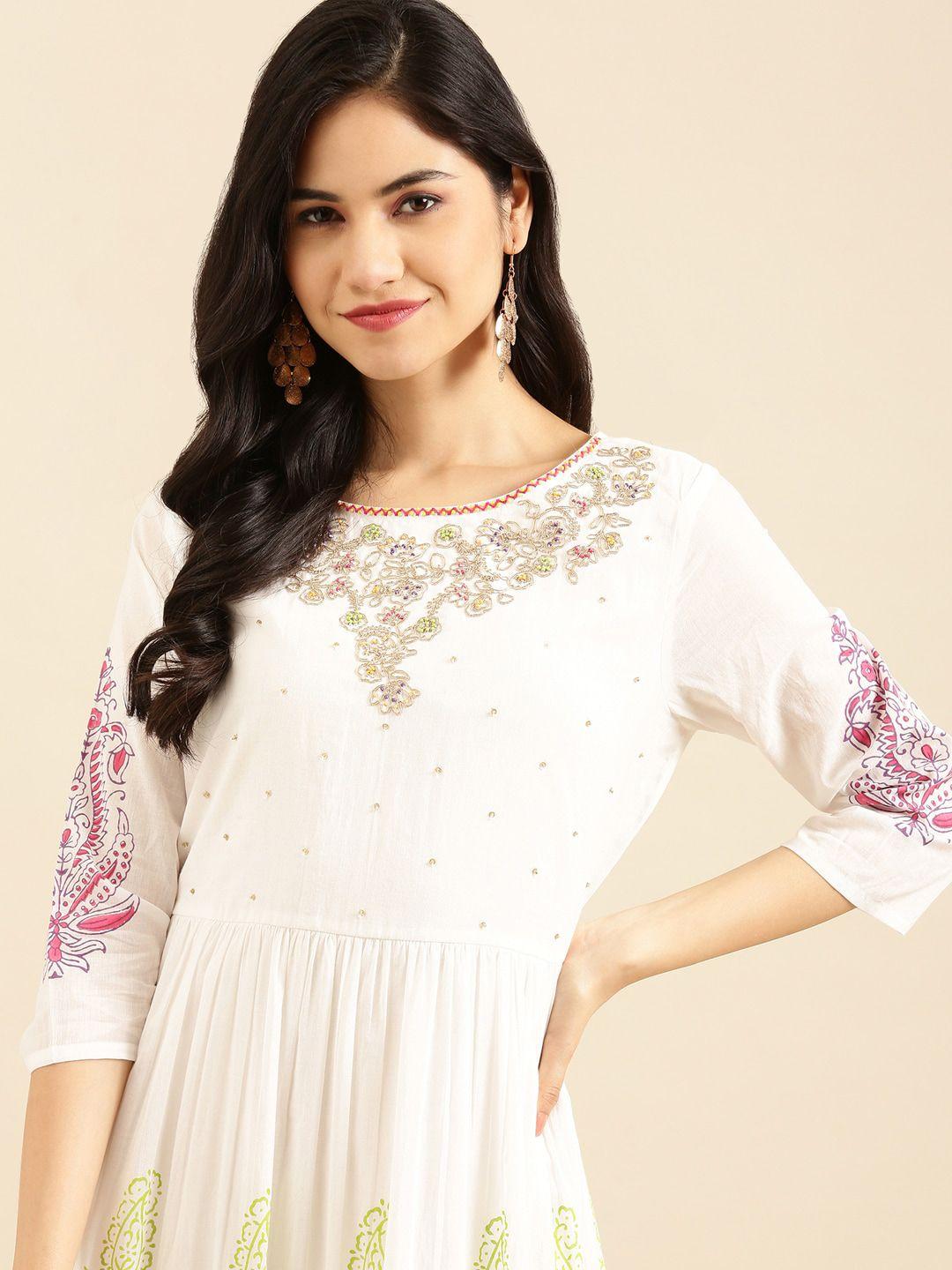 showoff women white ethnic motifs printed anarkali kurta