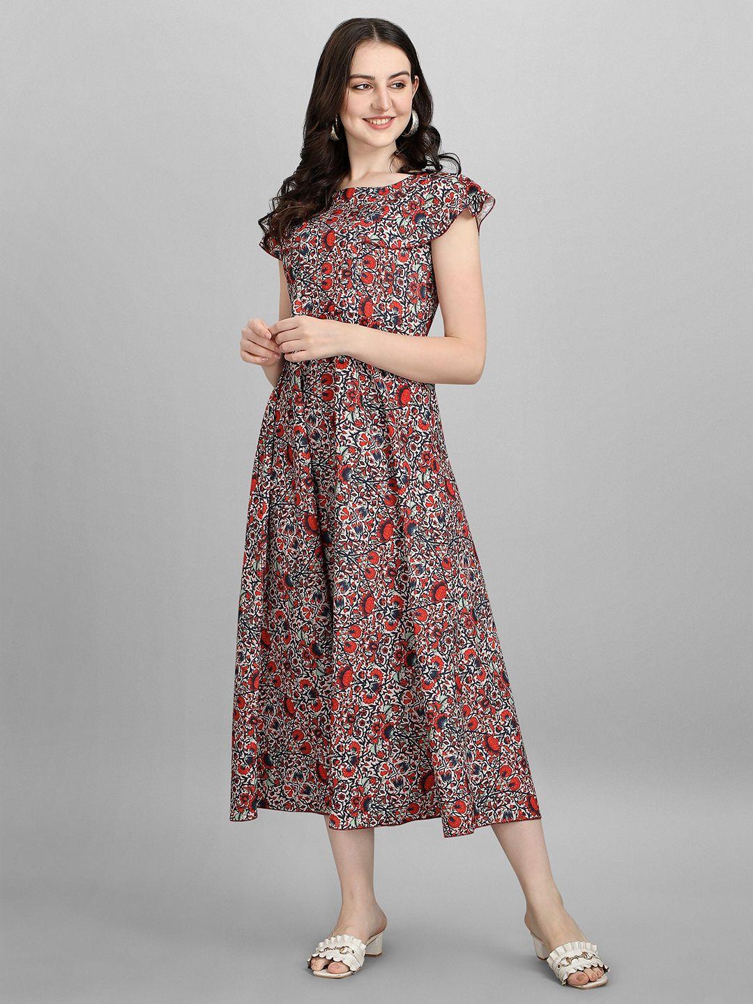 london belly red & beige floral printed midi dress