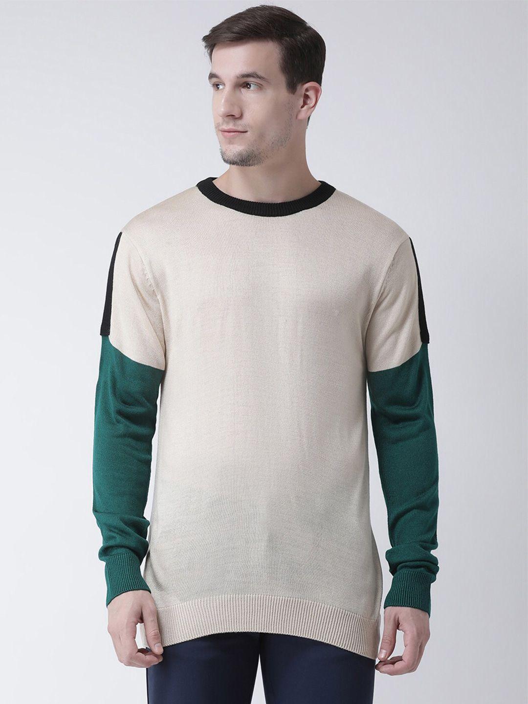 club york men beige & green colourblocked pullover