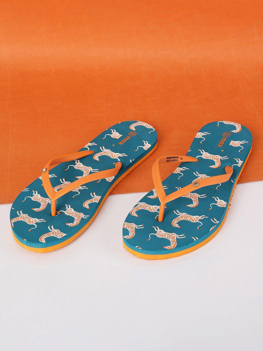 max women teal & orange printed thong flip-flops