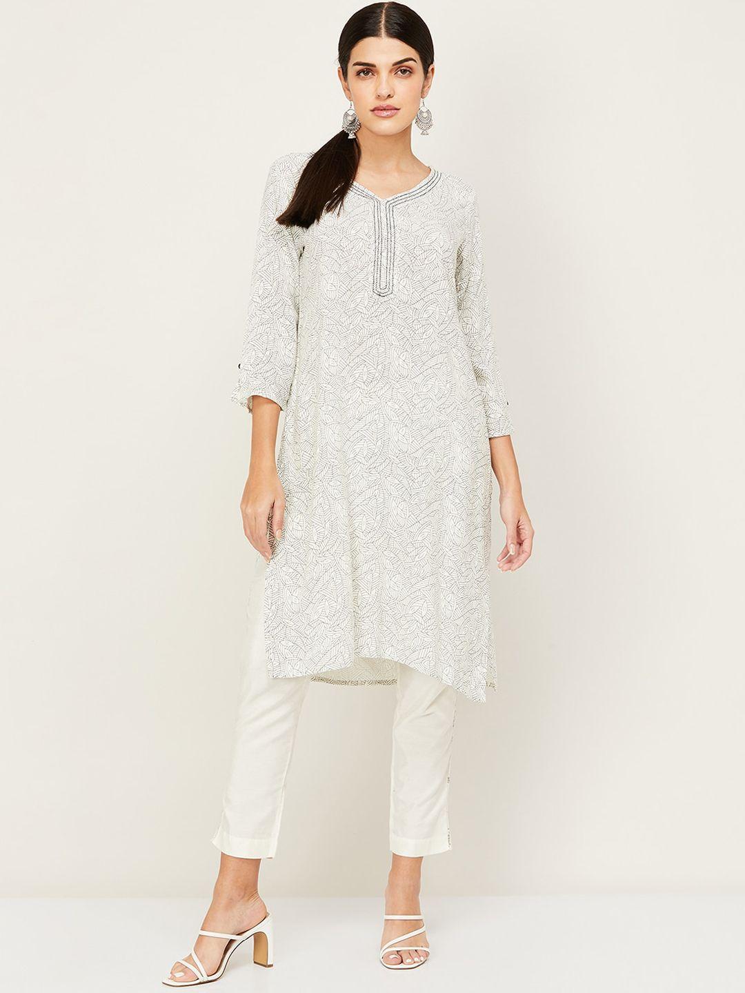 melange by lifestyle women white printed thread work kurta