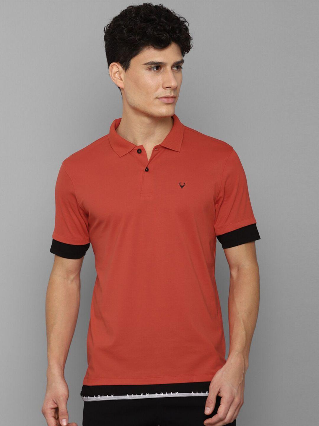 allen solly tribe men orange & black brand logo polo collar pure cotton t-shirt