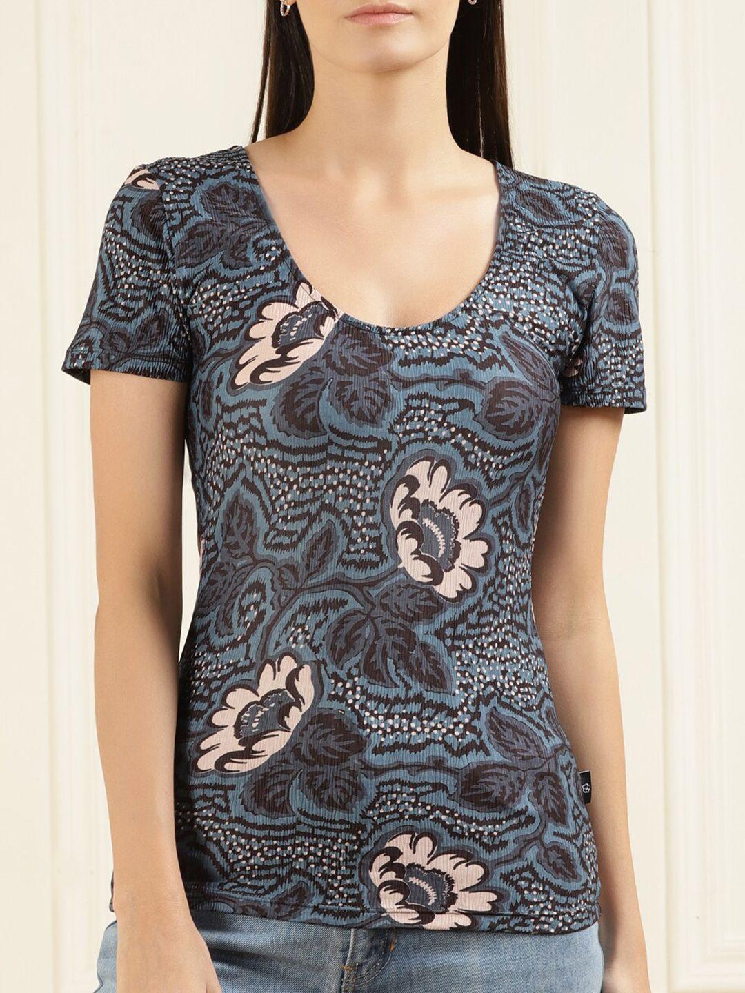 ted baker women navy blue & grey printed t-shirt