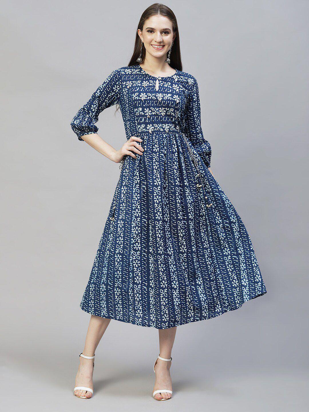 fashor women blue & off white ethnic motifs keyhole neck a-line midi dress