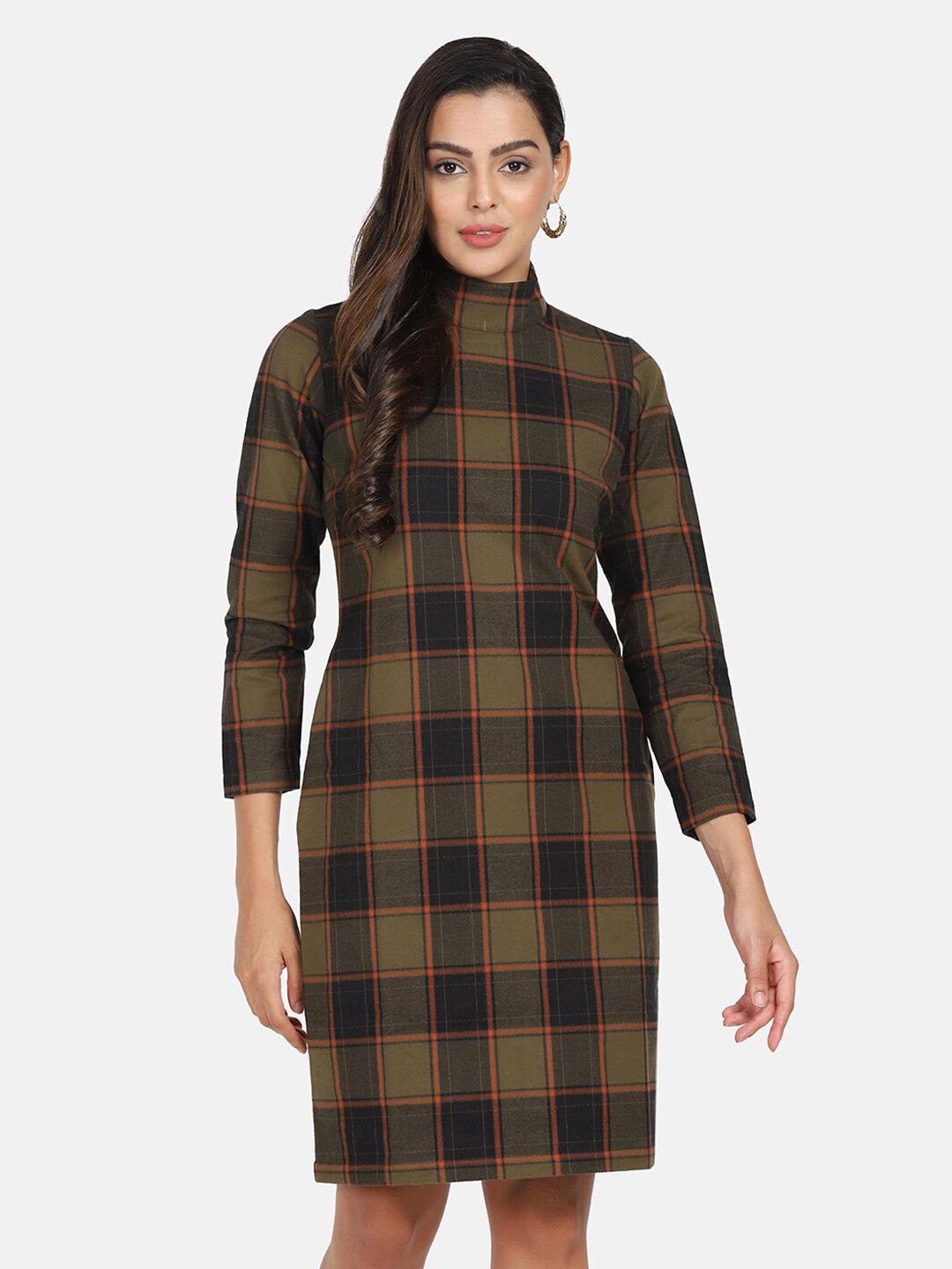 powersutra green & brown checked sheath dress