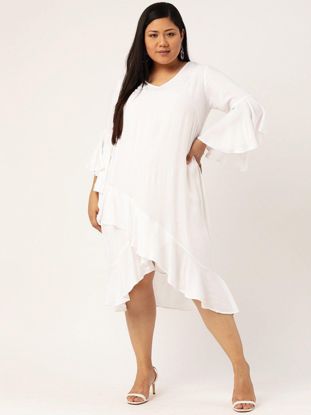 therebelinme plus size white frill overlap a-line midi dress