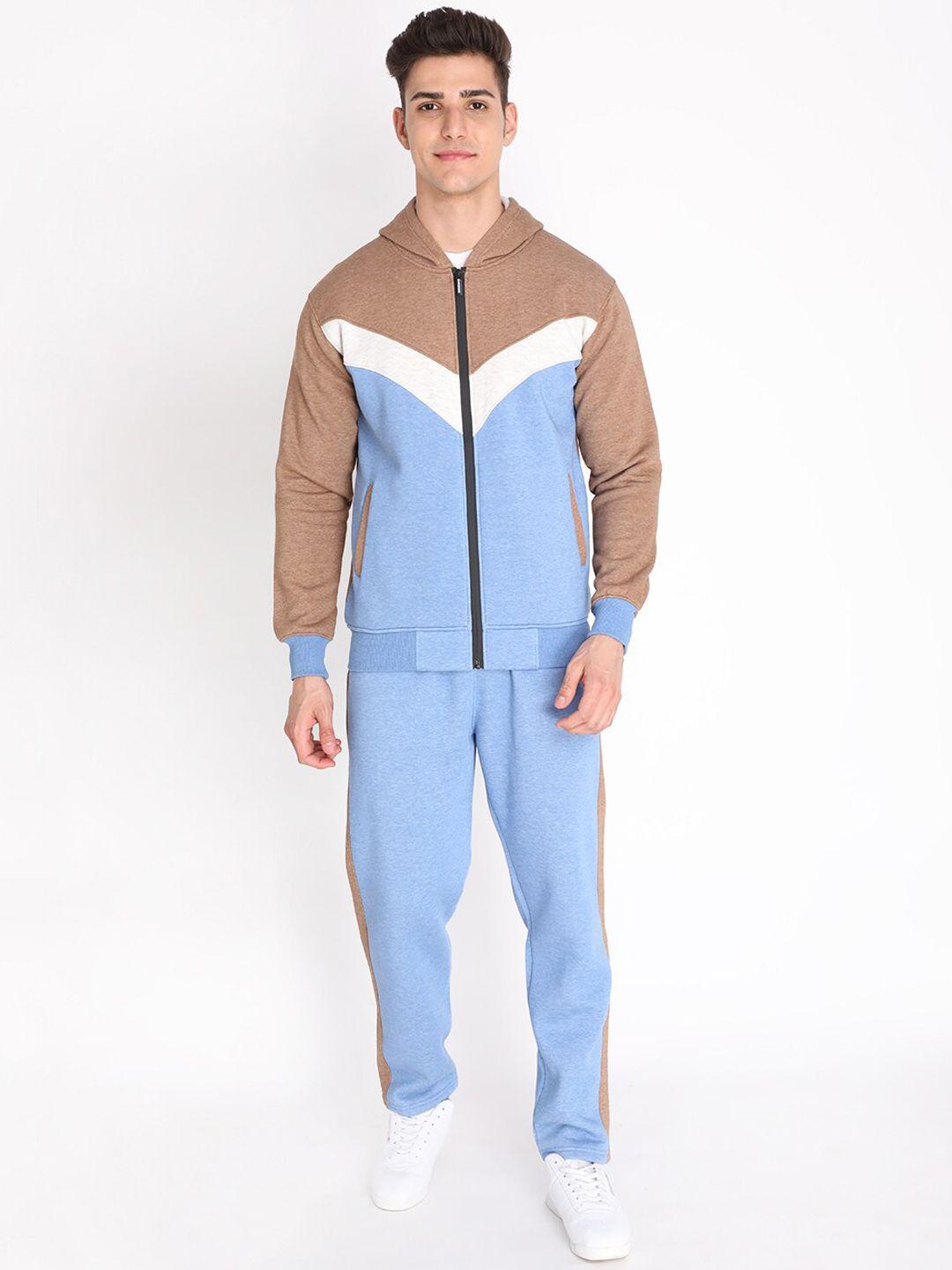 chkokko men brown & blue colourblocked sport essentials mock collar tracksuit