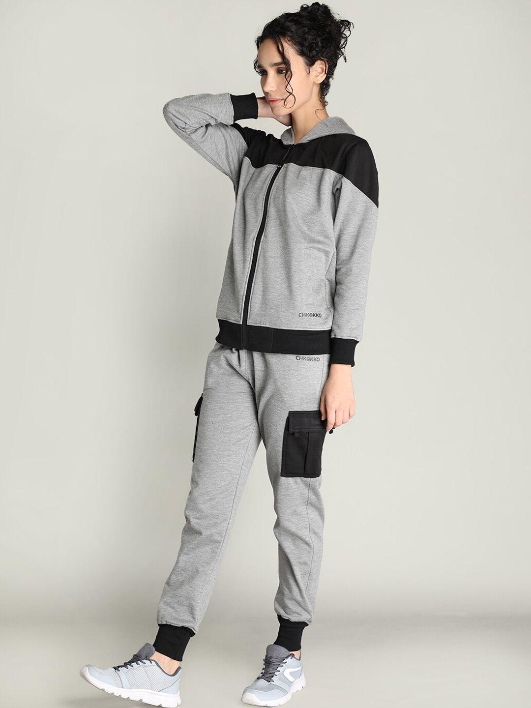 chkokko women black and grey colourblocked hooded tracksuit