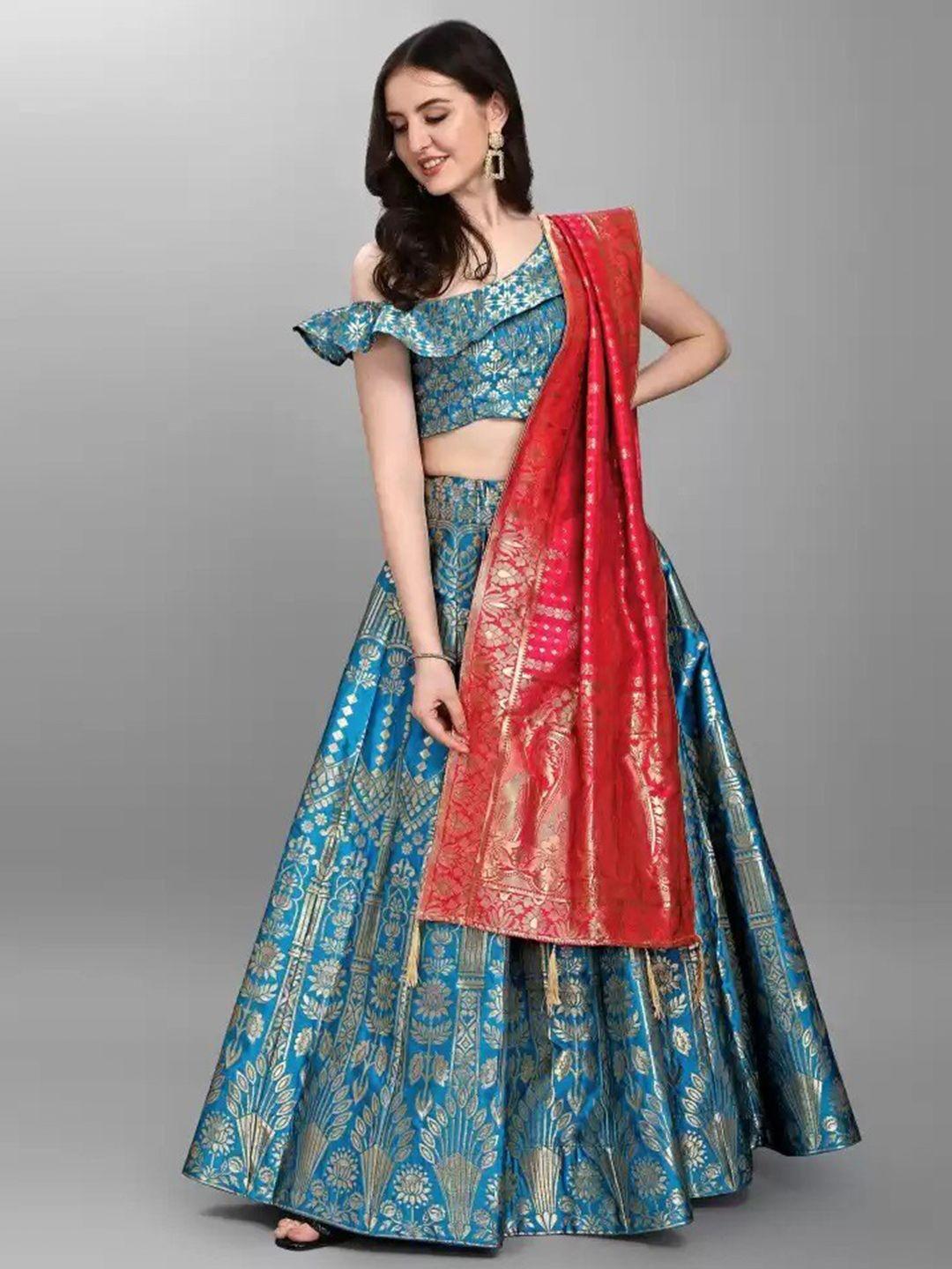 yoyo fashion blue & red printed semi-stitched lehenga & unstitched blouse with dupatta