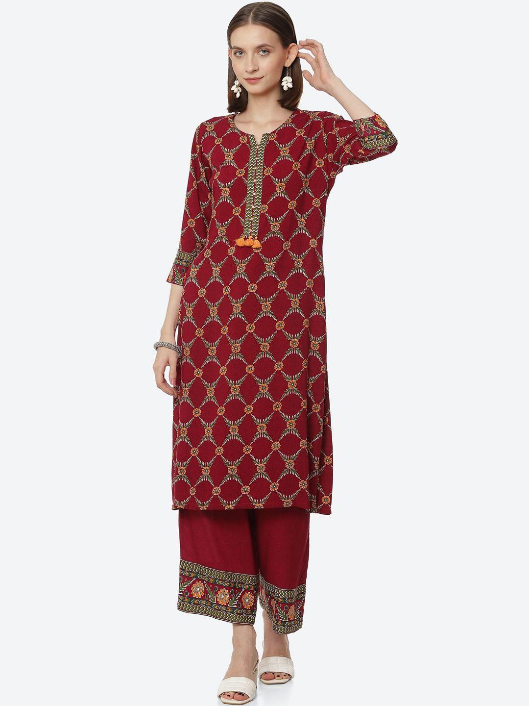 rangriti women maroon printed kurta with palazzos