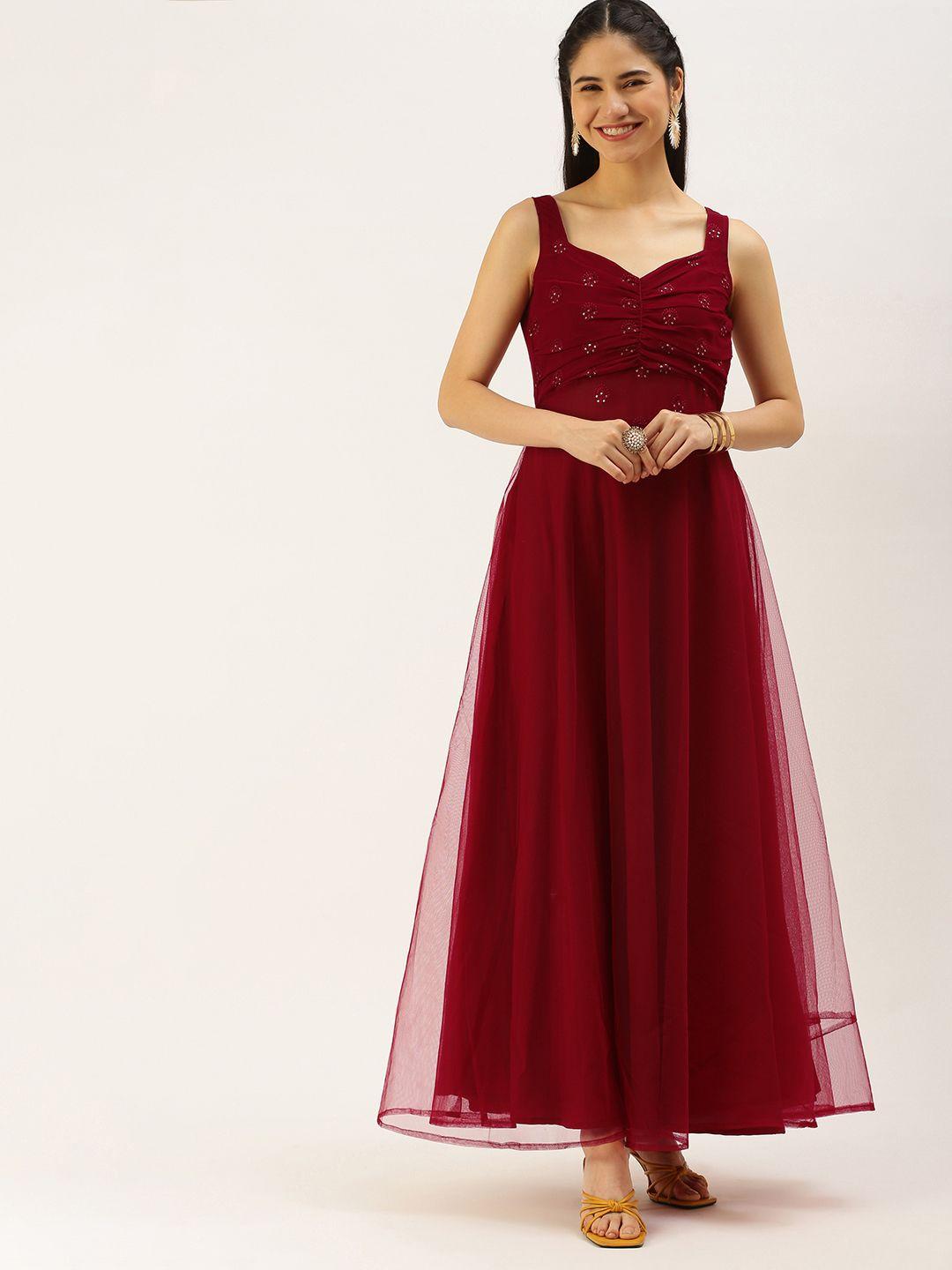 ethnovogue maroon sequined detail net maxi ethnic dress