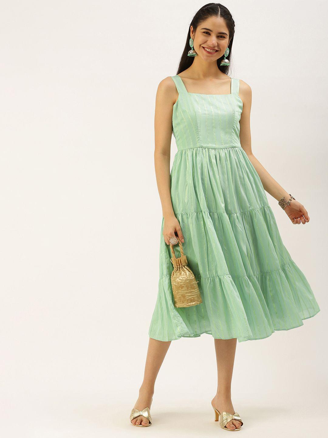 ethnovogue green & golden jacquard striped a-line midi dress