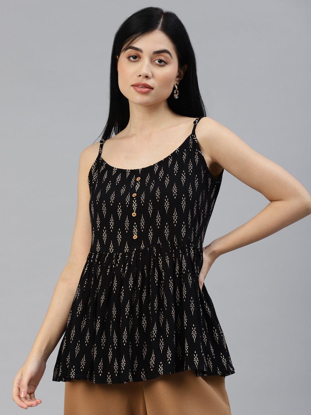 malhaar black & beige print cinched waist top