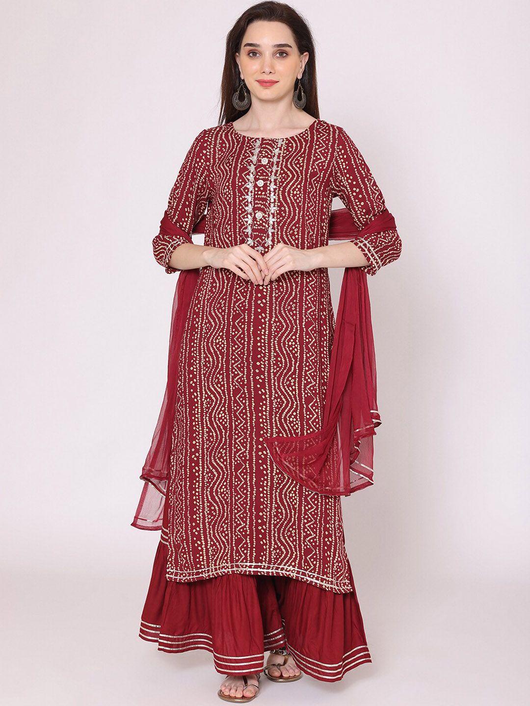 kalini women maroon bandhani printed kurta with sharara & with dupatta