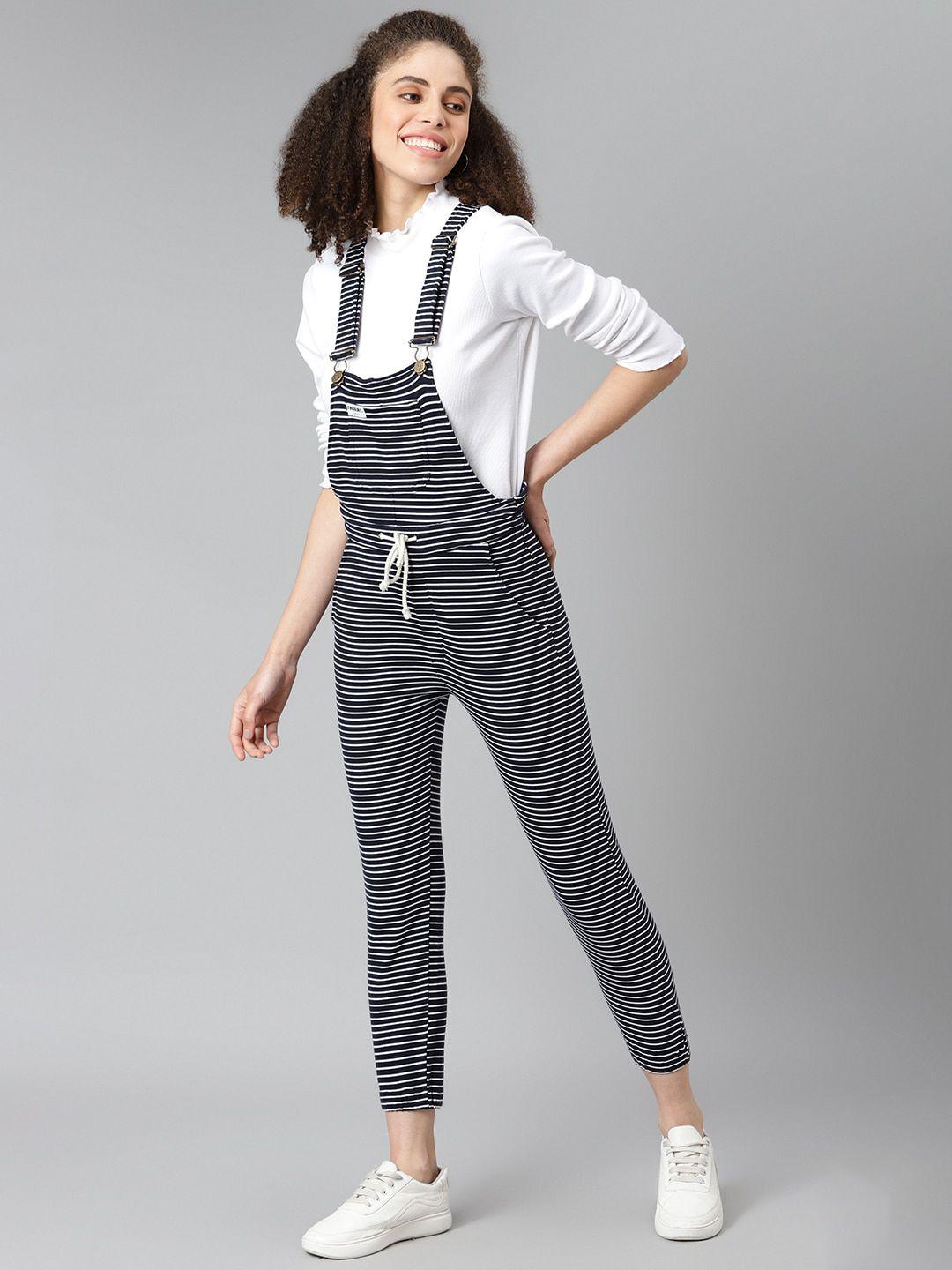 finsbury london women black & white striped cotton dungarees