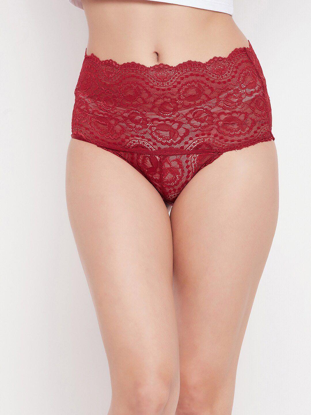 clovia women maroon self-design hipster briefs