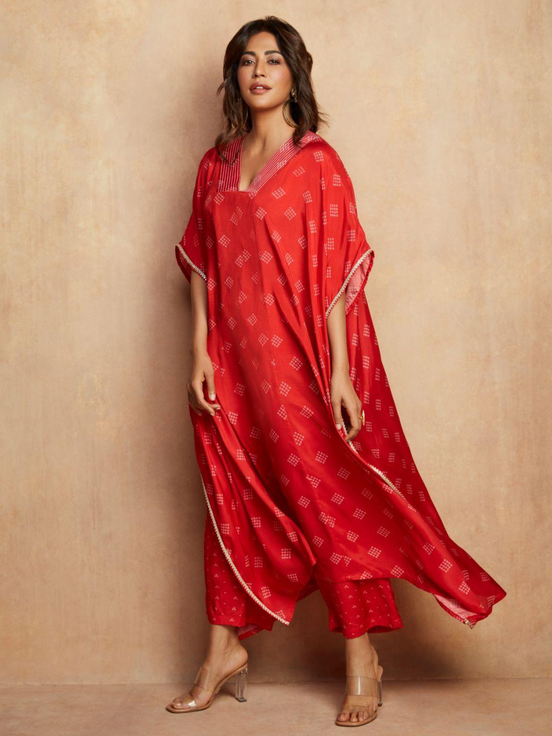 truebrowns women red bandhani printed panelled kurta with trousers & with dupatta