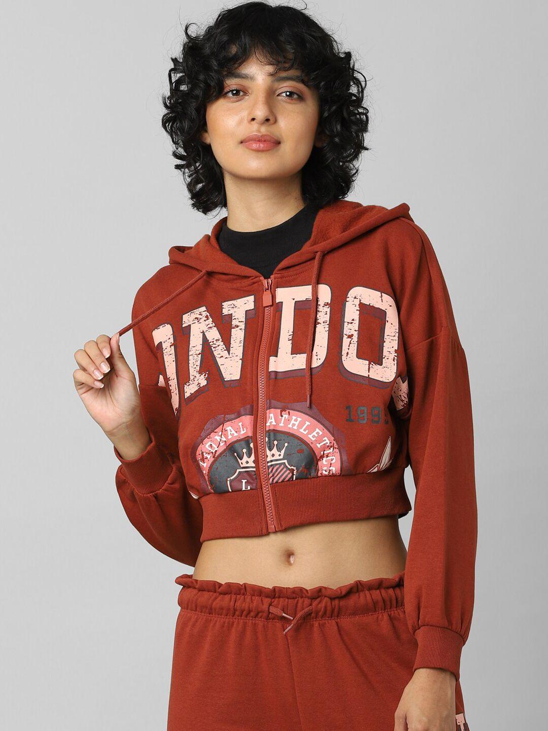 only women brown printed cotton hooded sweatshirt