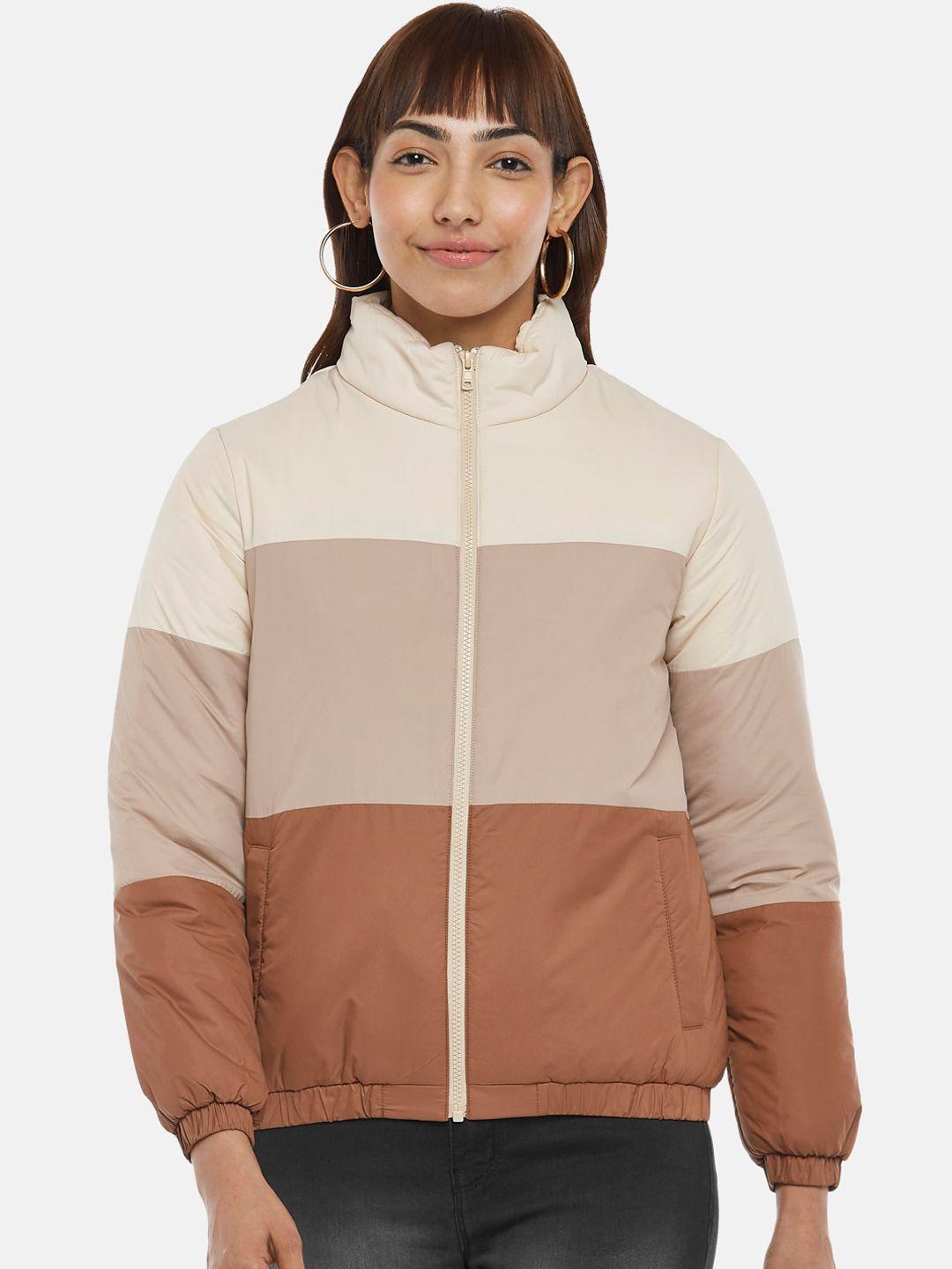 people women off white &  brown colourblocked viscose rayon padded jacket