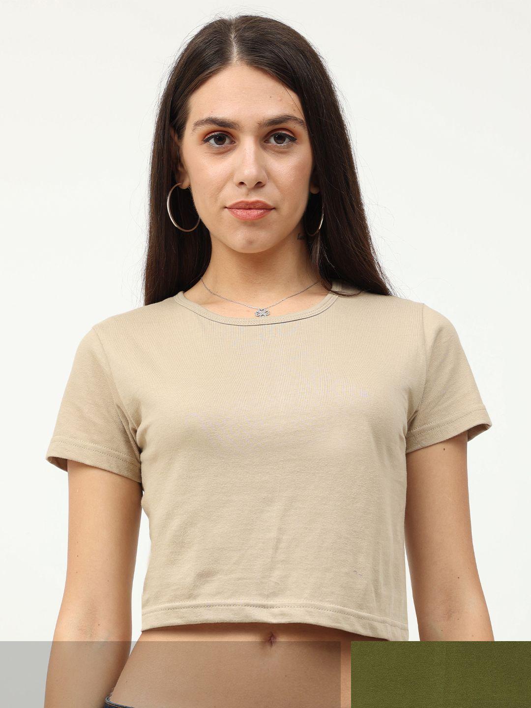 fleximaa women pack of 2 beige & olive green half sleeve crop pure cotton top