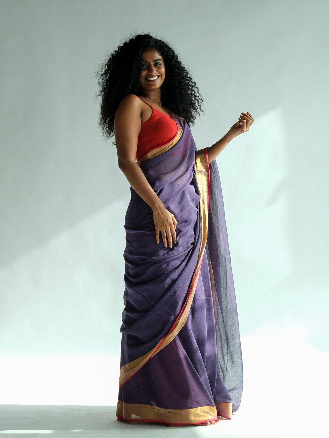 suta purple & gold-toned solid cotton zari saree