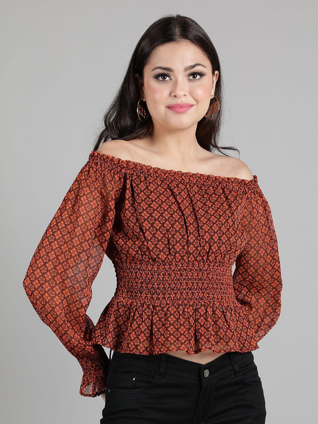 debonatella rust print off-shoulder georgette bardot crop top