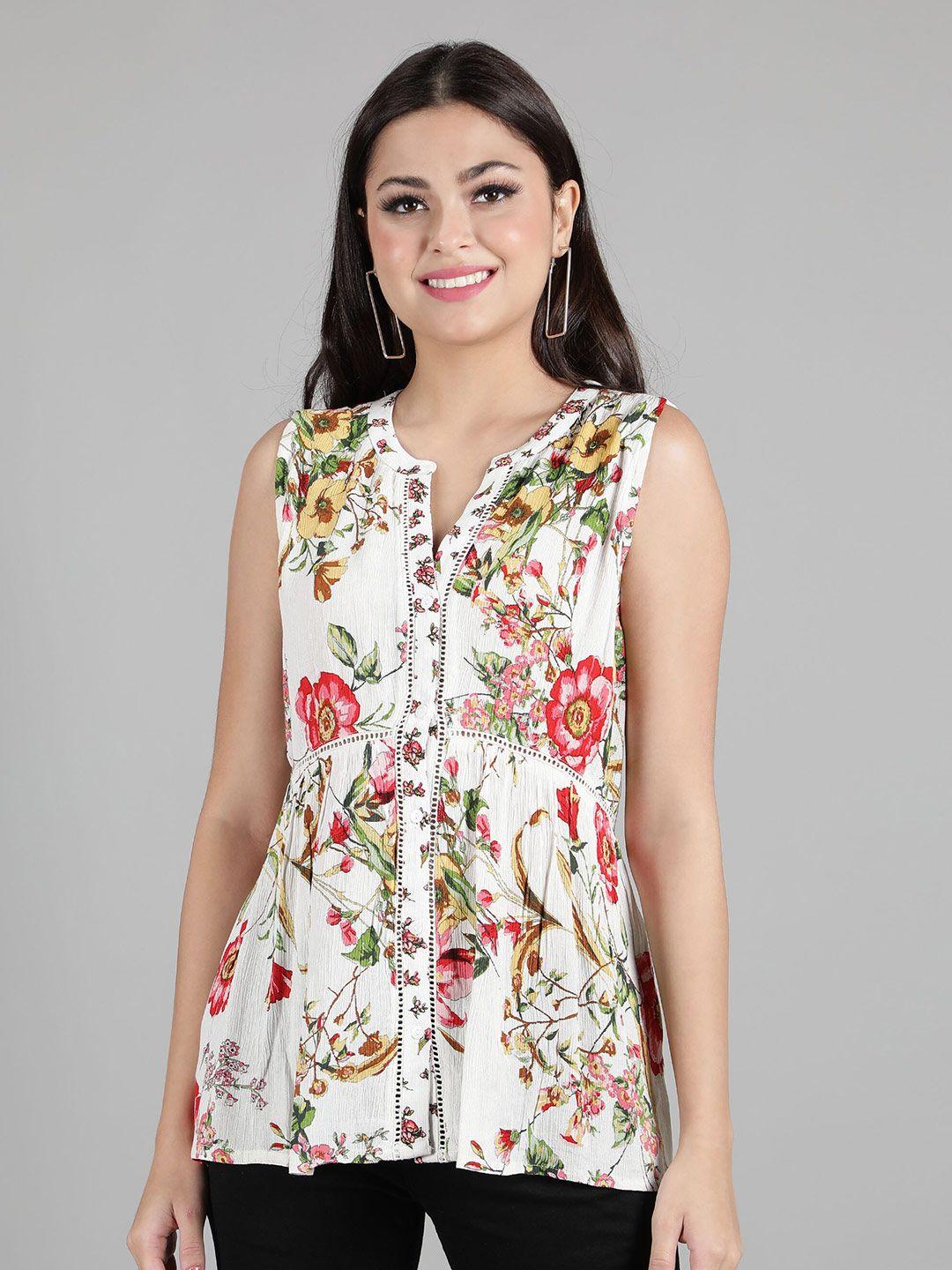 debonatella white & peach-coloured floral print sheen crepe longline top