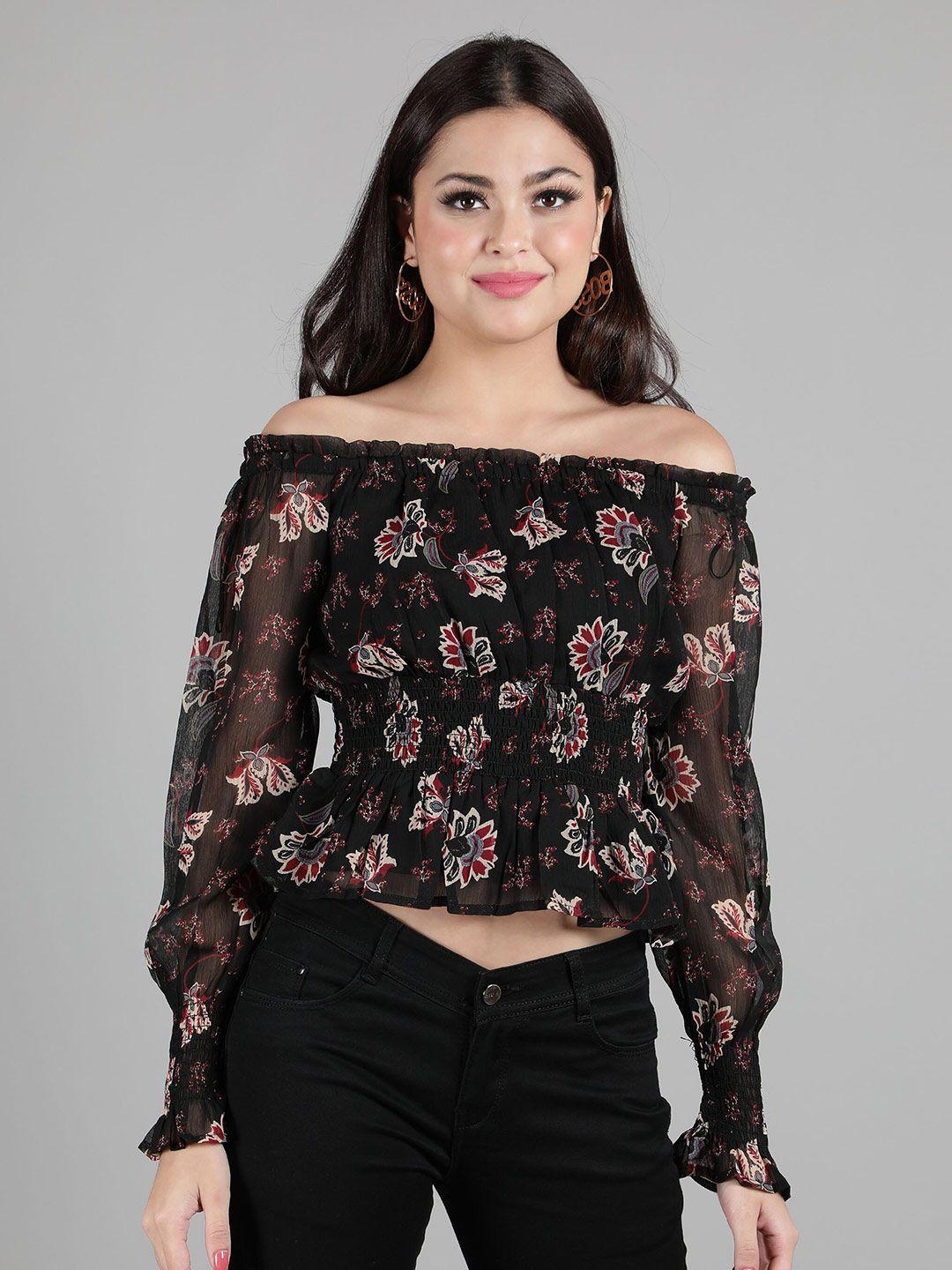 debonatella black & red floral print off-shoulder georgette bardot crop top