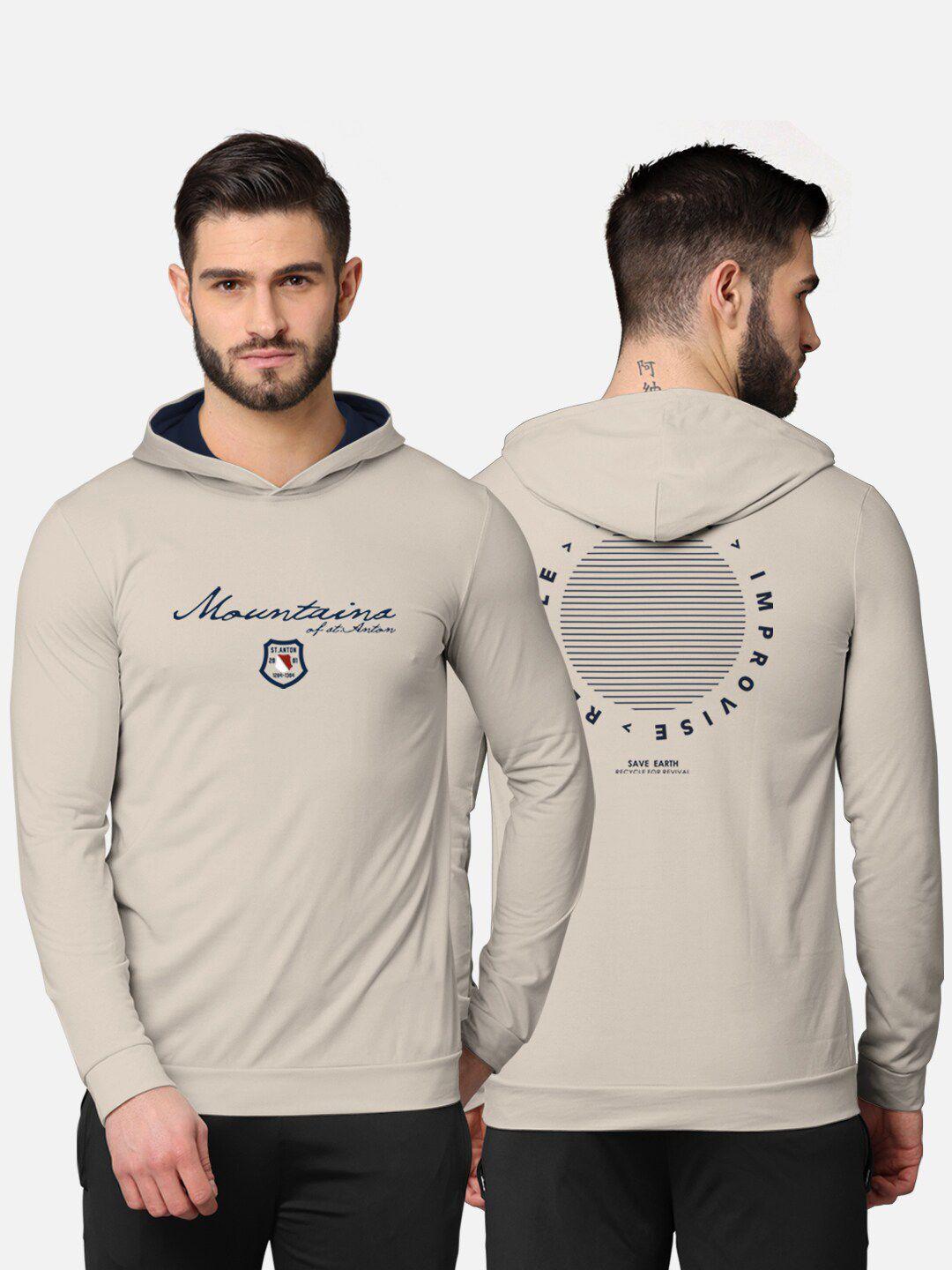 bullmer men beige printed cotton hooded sweatshirt