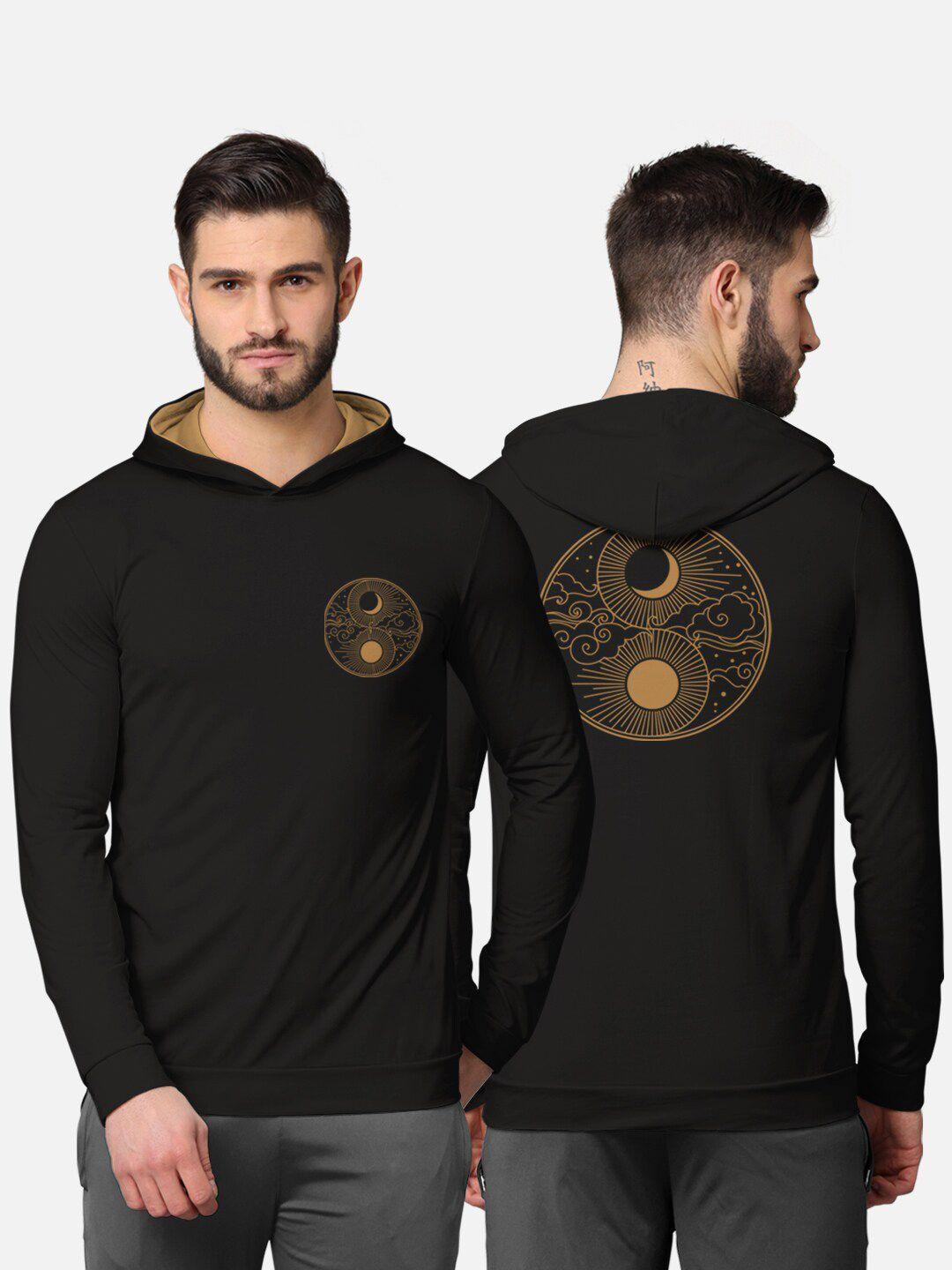 bullmer men black printed cotton hooded sweatshirt