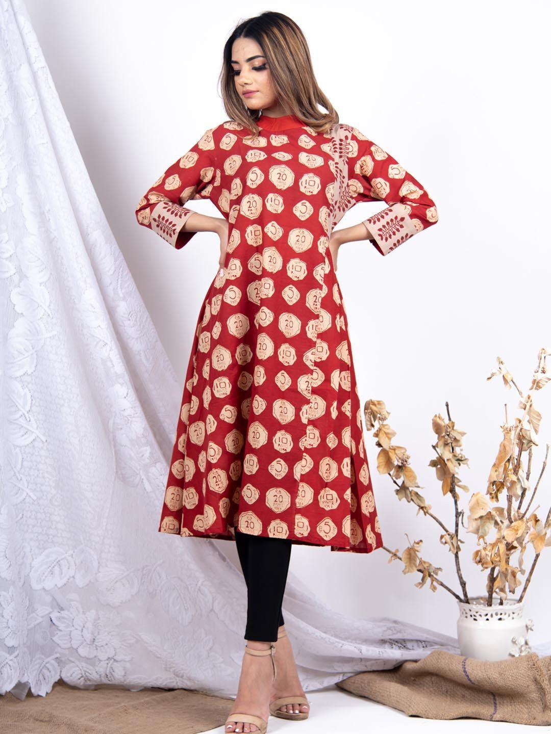 tistabene women red & beige quirky printed quirky kurta