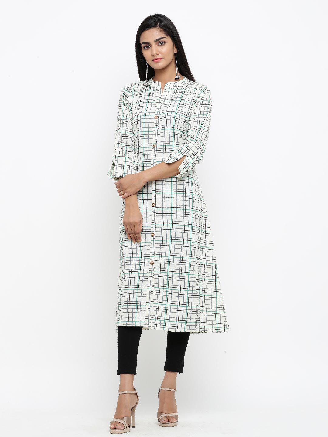 tistabene women white & turquoise blue checked kurta