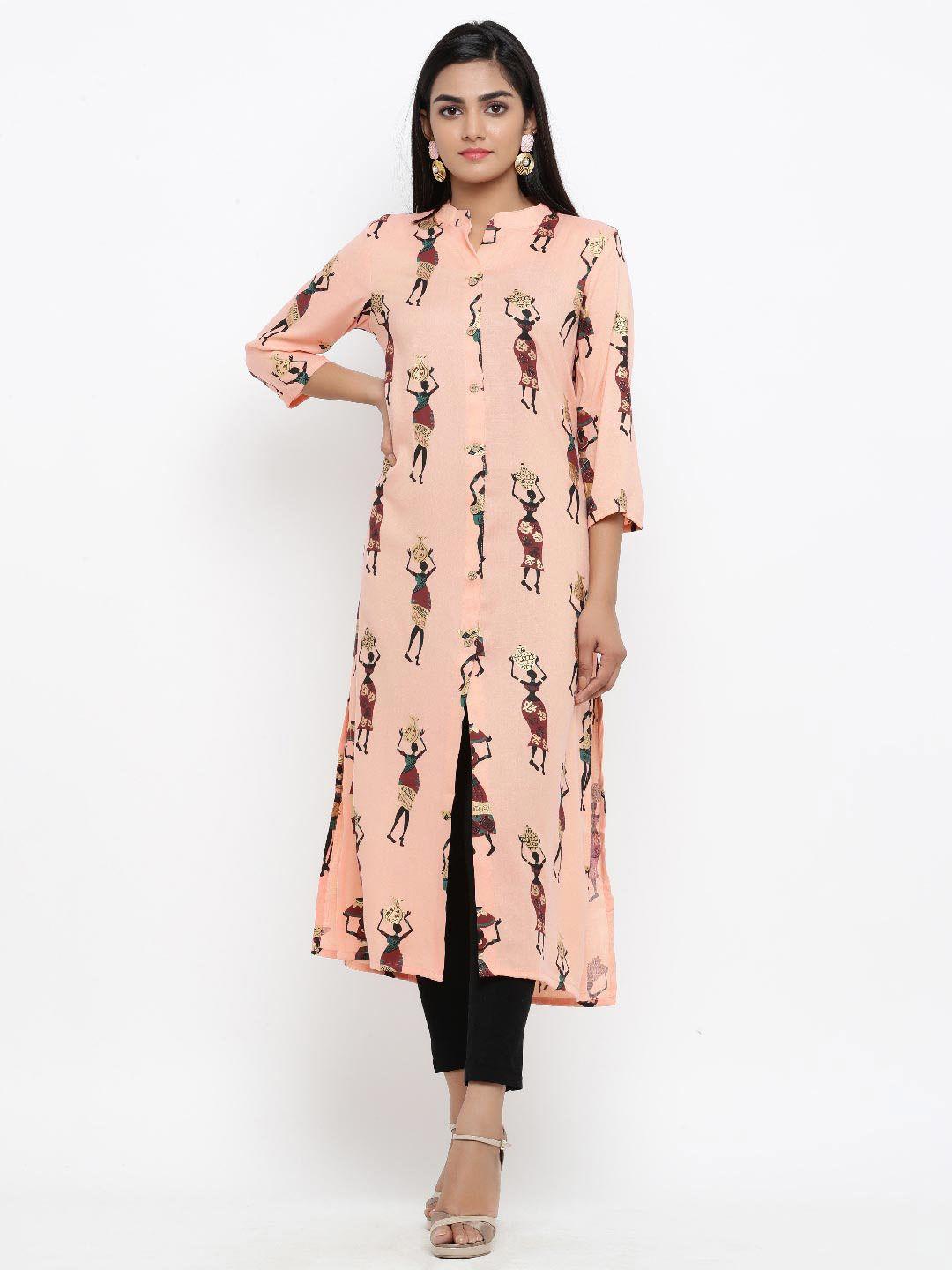 tistabene women peach-coloured ethnic motifs printed kurta